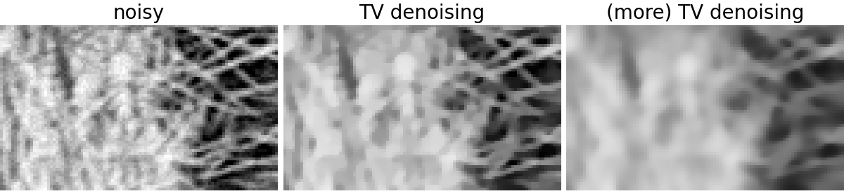 noisy, TV denoising, (more) TV denoising